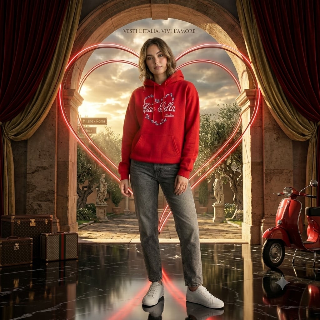 Lemon Collection Ciao Bella Italia Floral Heart Embroidered Red Hoodie 1