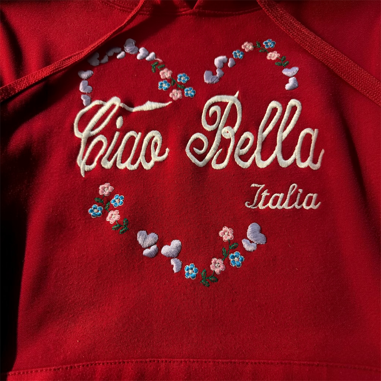 Lemon Collection Ciao Bella Italia Floral Heart Embroidered Red Hoodie 3