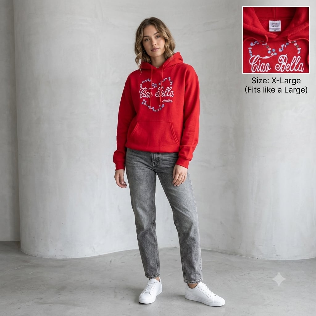Lemon Collection Ciao Bella Italia Floral Heart Embroidered Red Hoodie 7