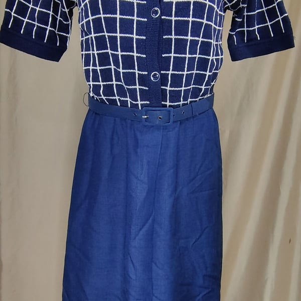 Vintage 1950s Dress Blue Windowpane Plaid Short Sleeve Set with Belt, size 6, Made in Hong Kong