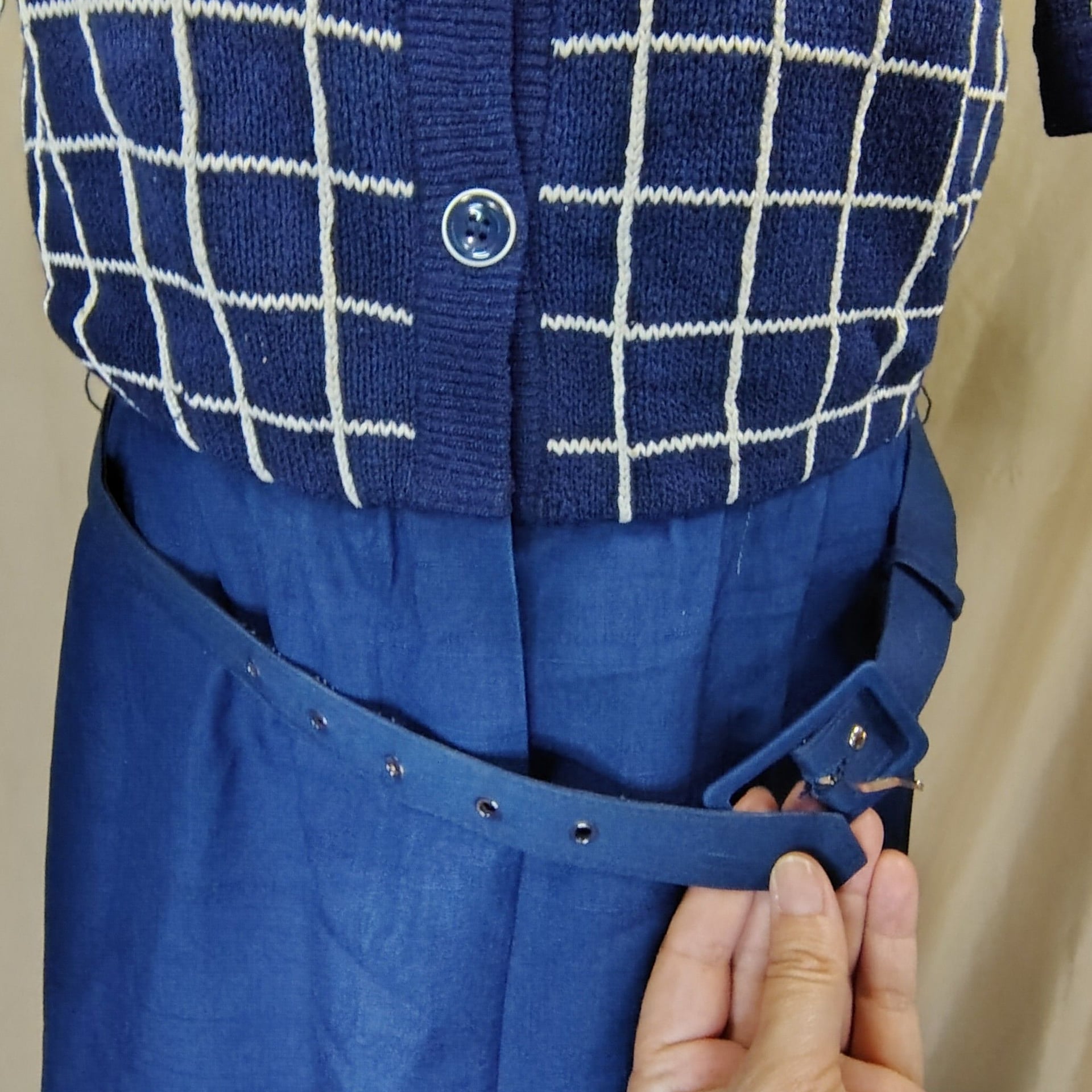 Vintage 1950s Dress Blue Windowpane Plaid Short Sleeve Set with Belt, size 6, Made in Hong Kong 6