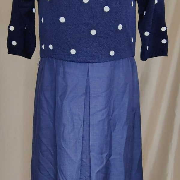 Ciao Ltd Vintage Navy Blue Polka Dot Silk Knit and Woven Dress, size 6