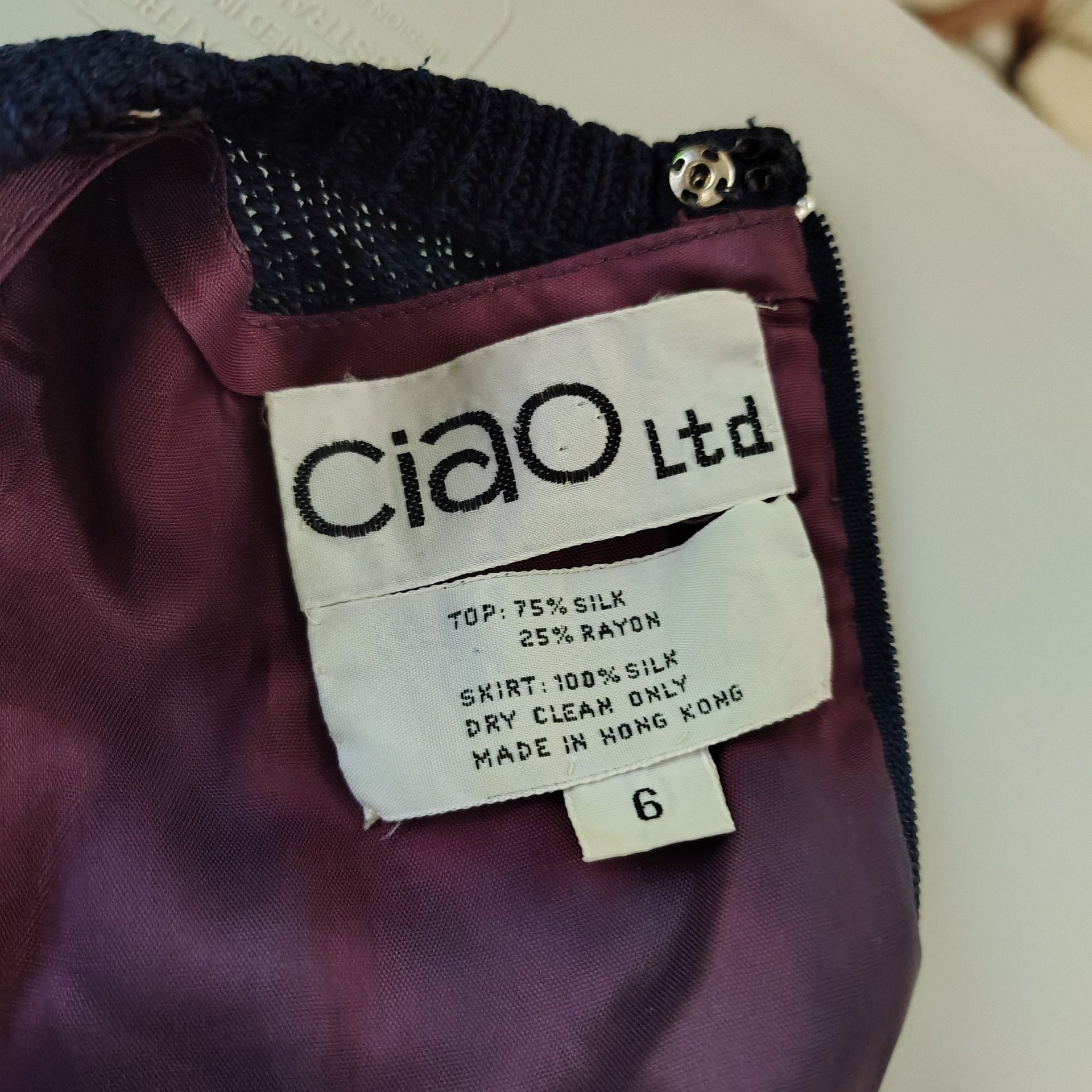 Ciao Ltd Vintage Navy Blue Polka Dot Silk Knit and Woven Dress, size 6 10