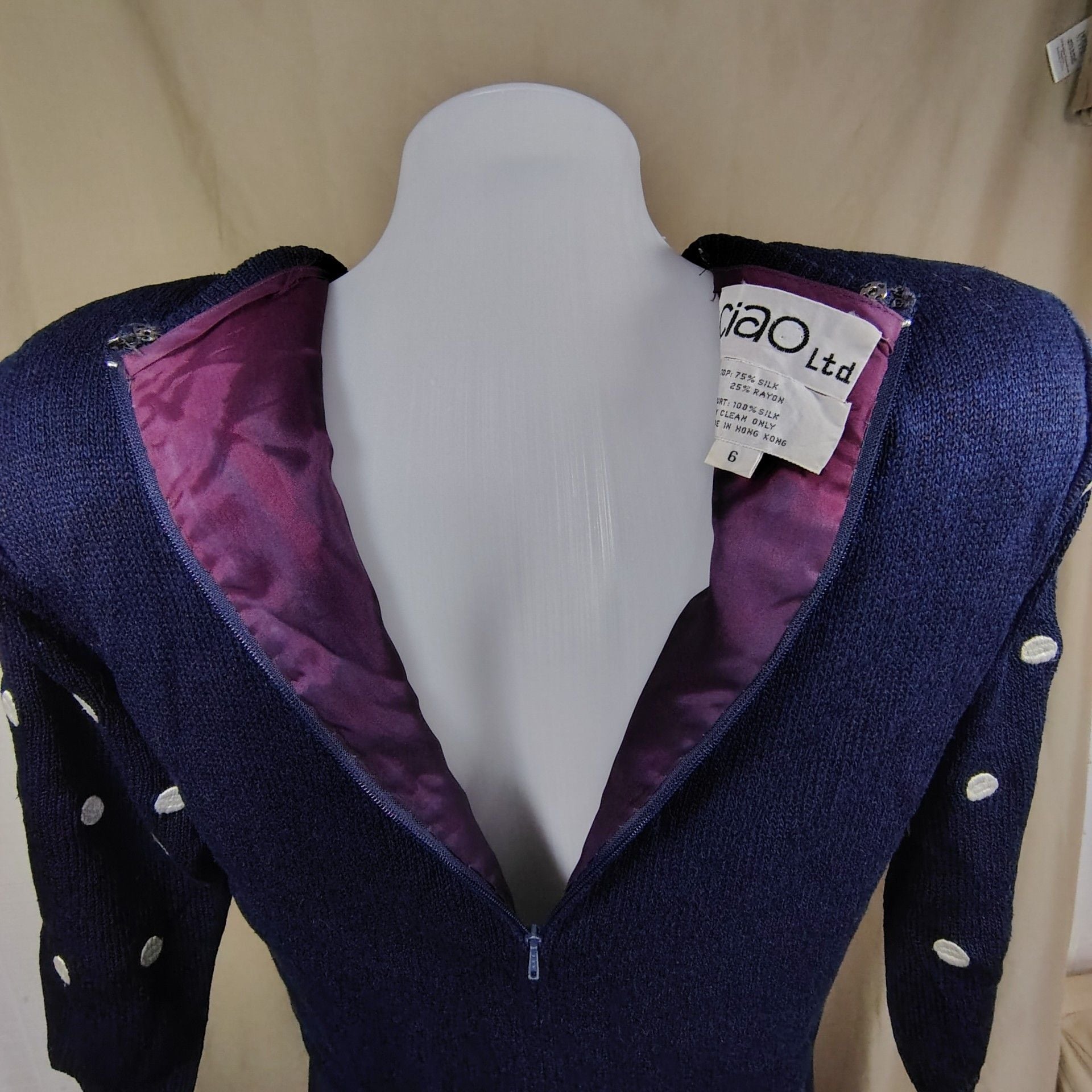 Ciao Ltd Vintage Navy Blue Polka Dot Silk Knit and Woven Dress, size 6 5