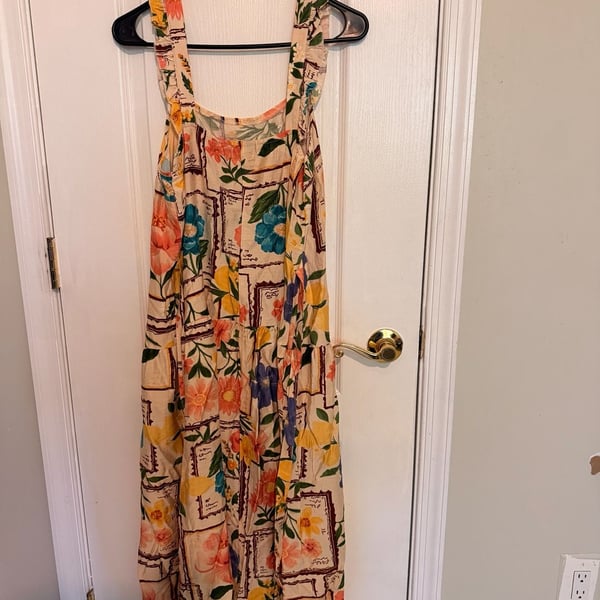 Vintage-Style Floral Stamp Print Ruffle Strap Midi Dress