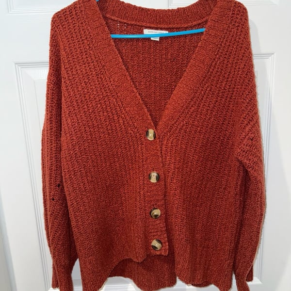 American Eagle Women's Rust V-Neck Button-Front Textured Cardigan