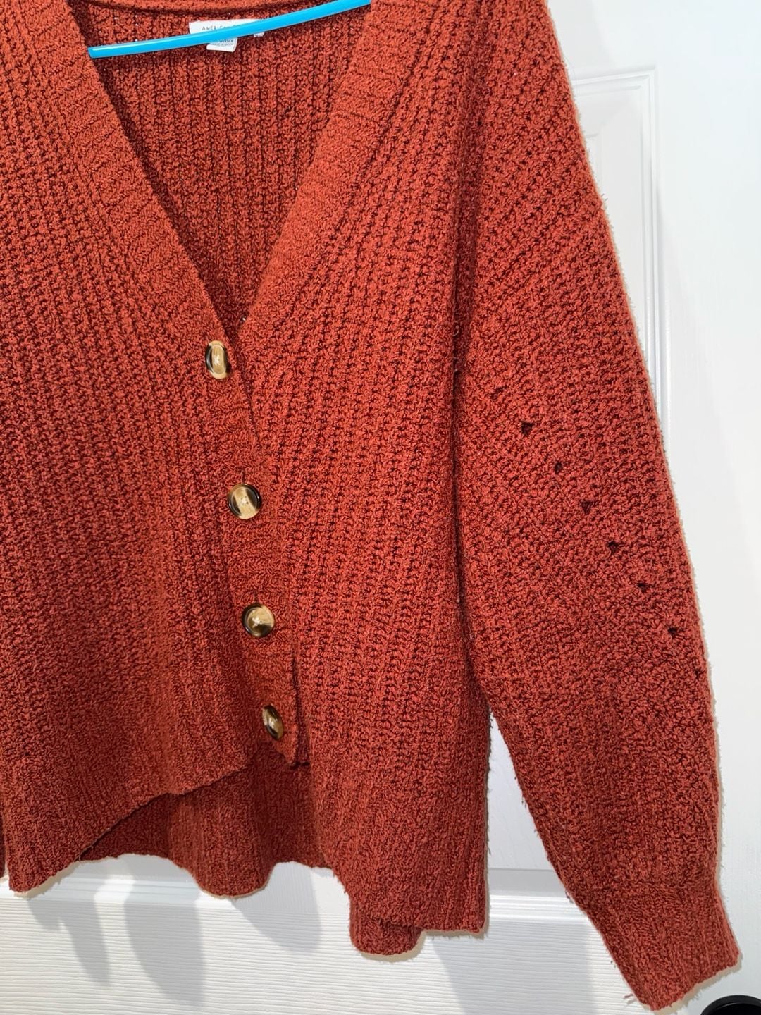 American Eagle Women's Rust V-Neck Button-Front Textured Cardigan 3