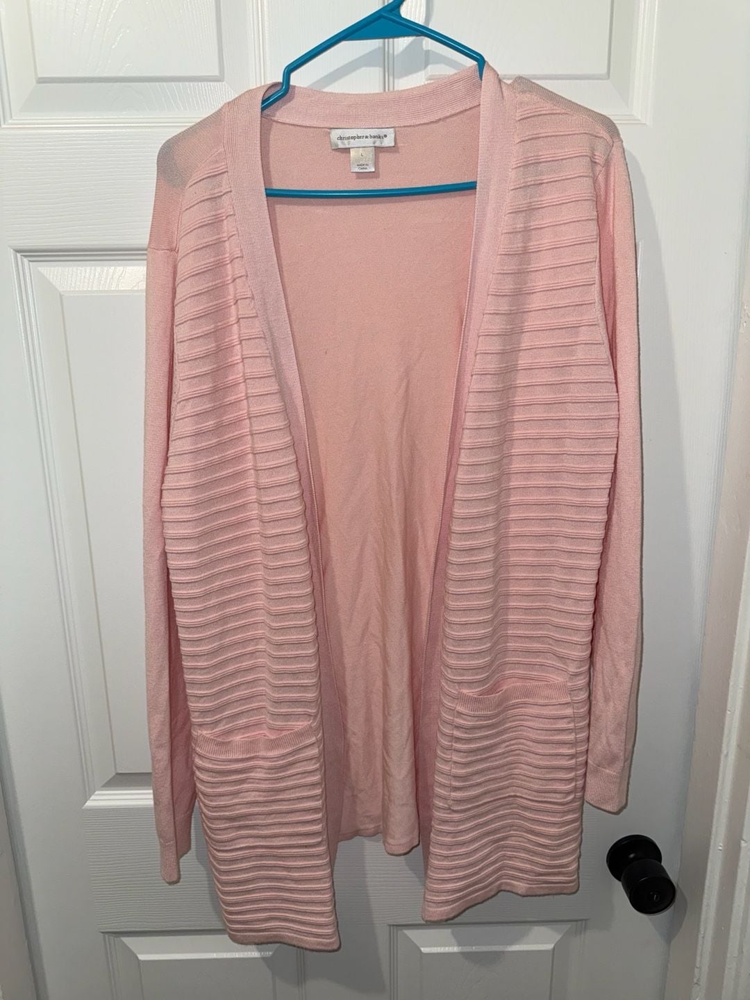 Christopher & Banks Pink Ribbed Open-Front Cardigan Sweater with Pockets 2