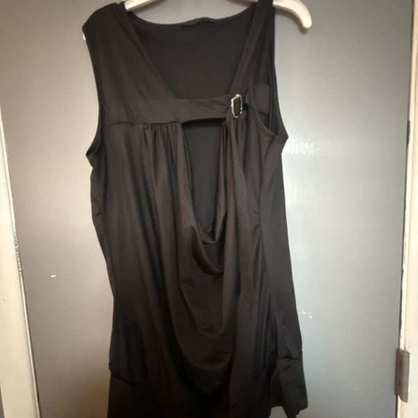Black Draped Cowl Neck Sleeveless Tank Top with Decorative Side Buckle Detail
