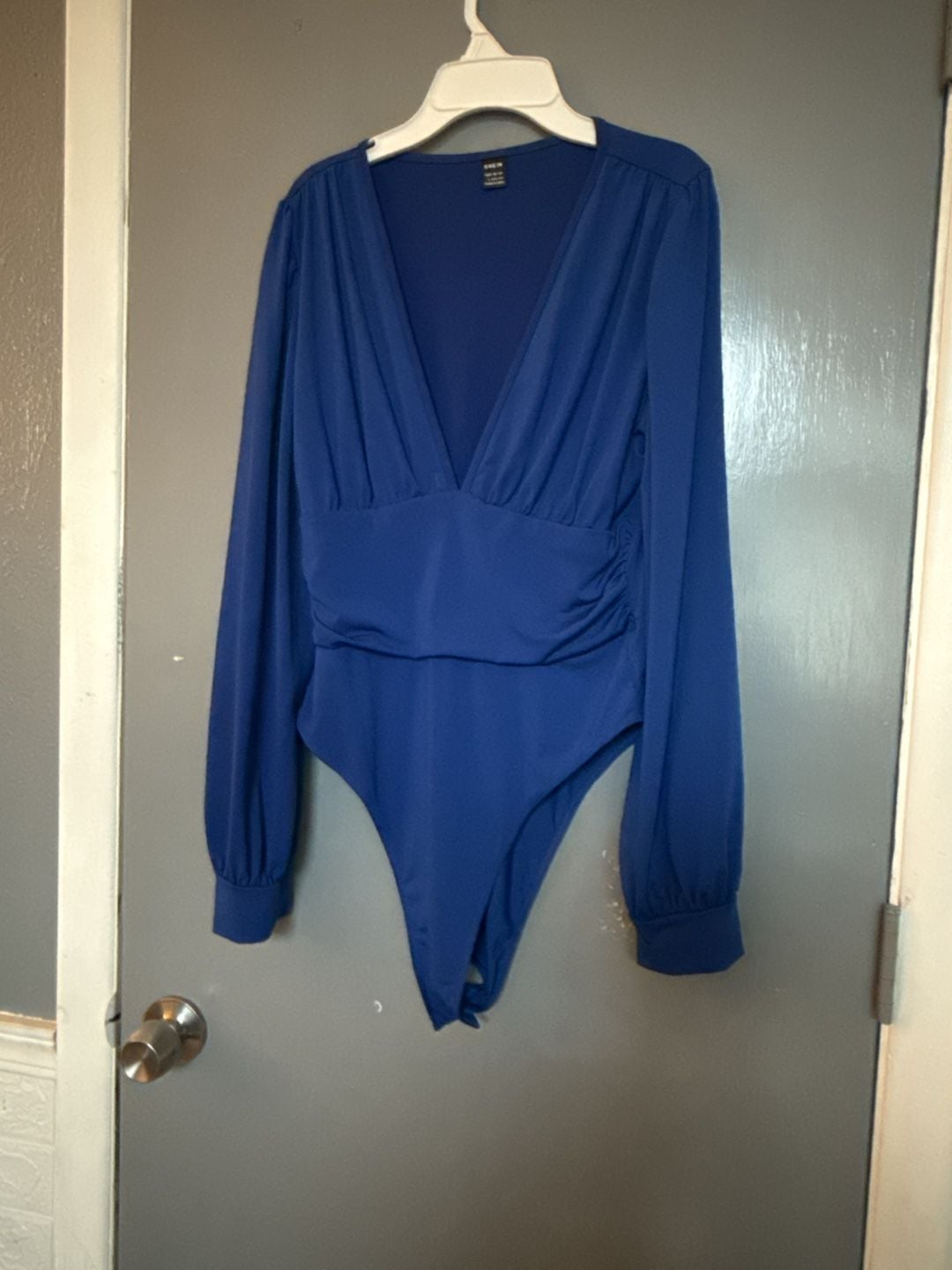 SHEIN Royal Blue V-Neck Long Sleeve Pleated Bodysuit 1