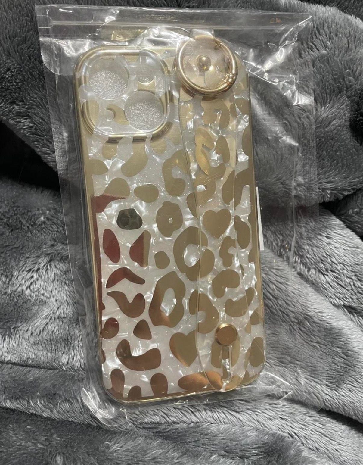 AYABUCO Golden Plating Leopard Print iPhone 15 Case with Wrist Strap Kickstand 1