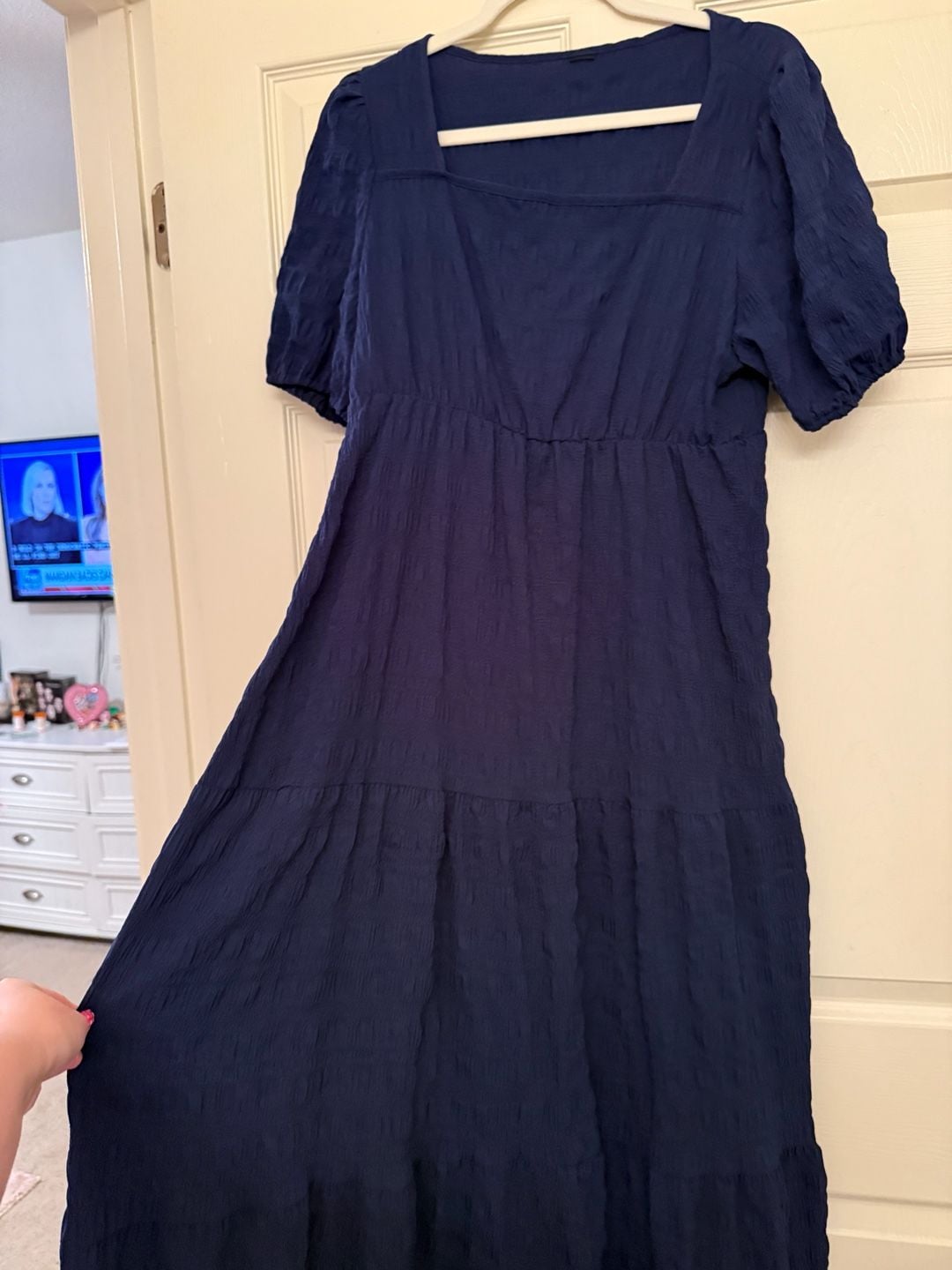 Navy Blue Textured Square Neck Puff Sleeve Tiered Midi Dress 2
