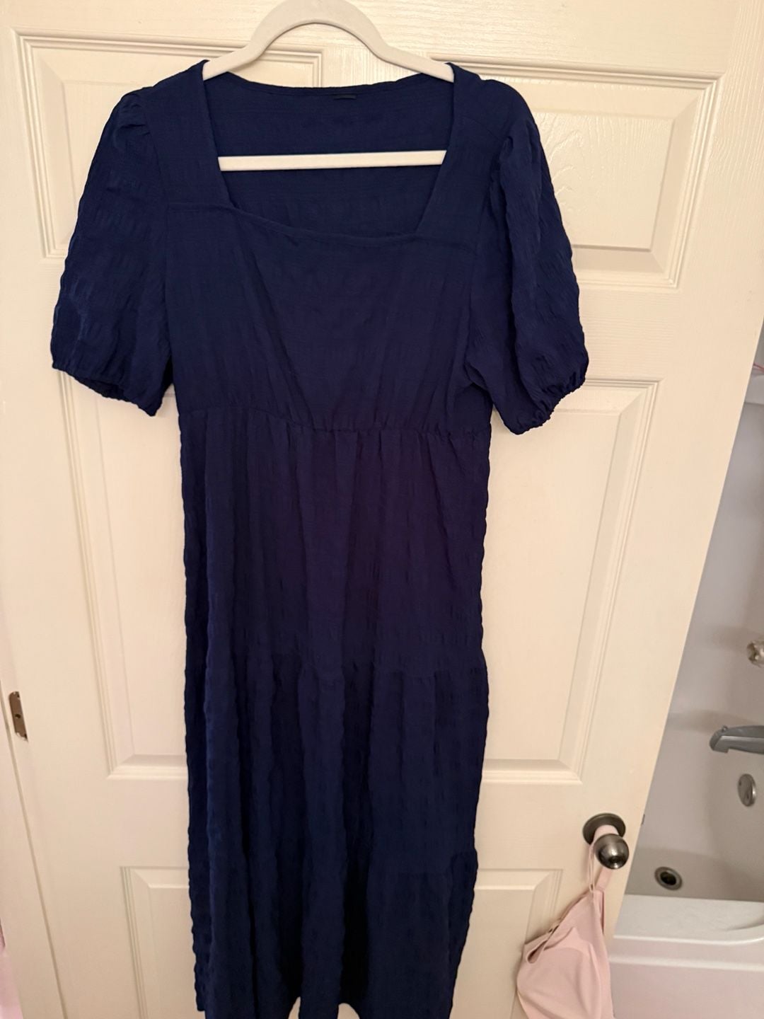 Navy Blue Textured Square Neck Puff Sleeve Tiered Midi Dress 4