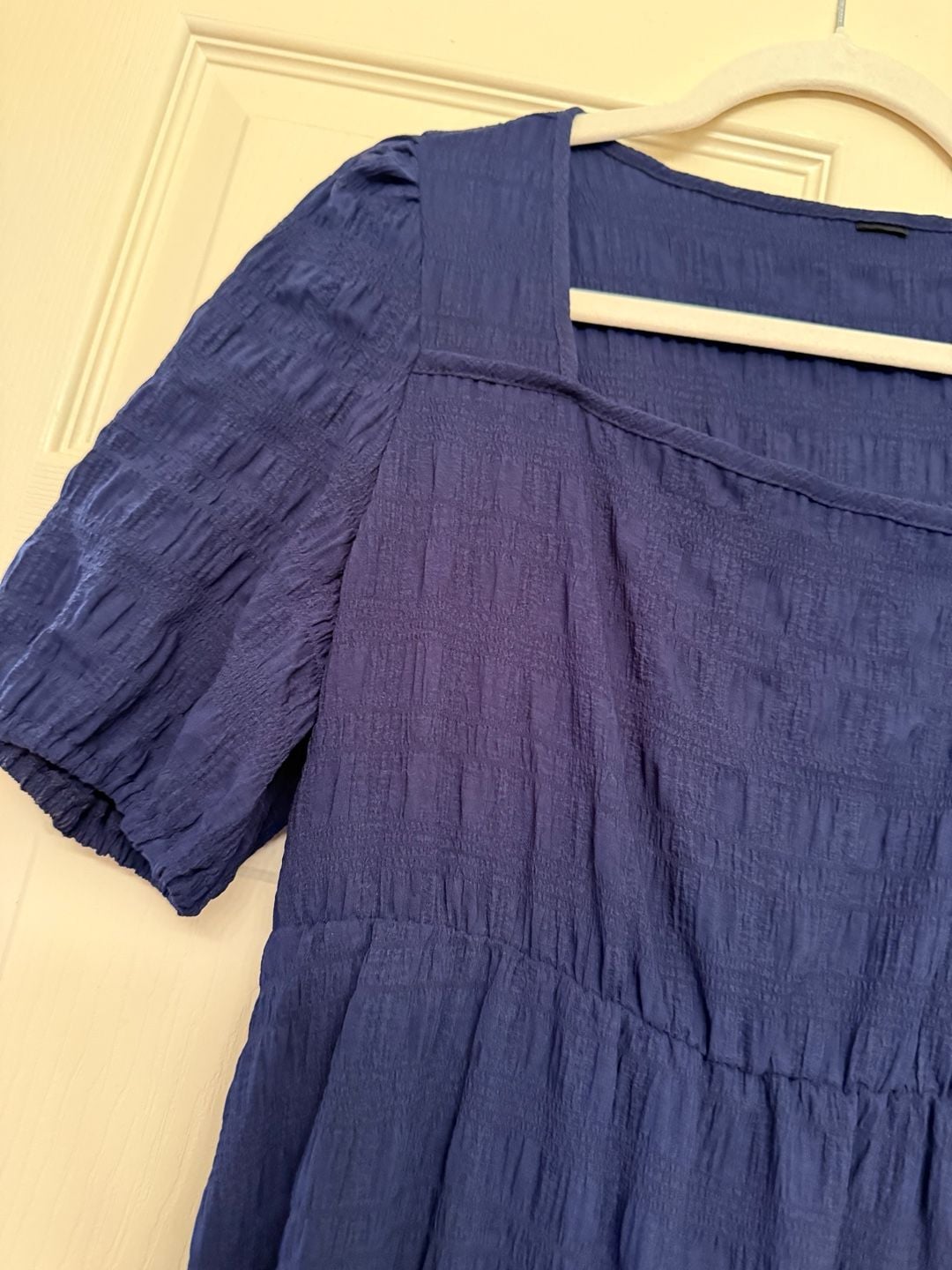 Navy Blue Textured Square Neck Puff Sleeve Tiered Midi Dress 5