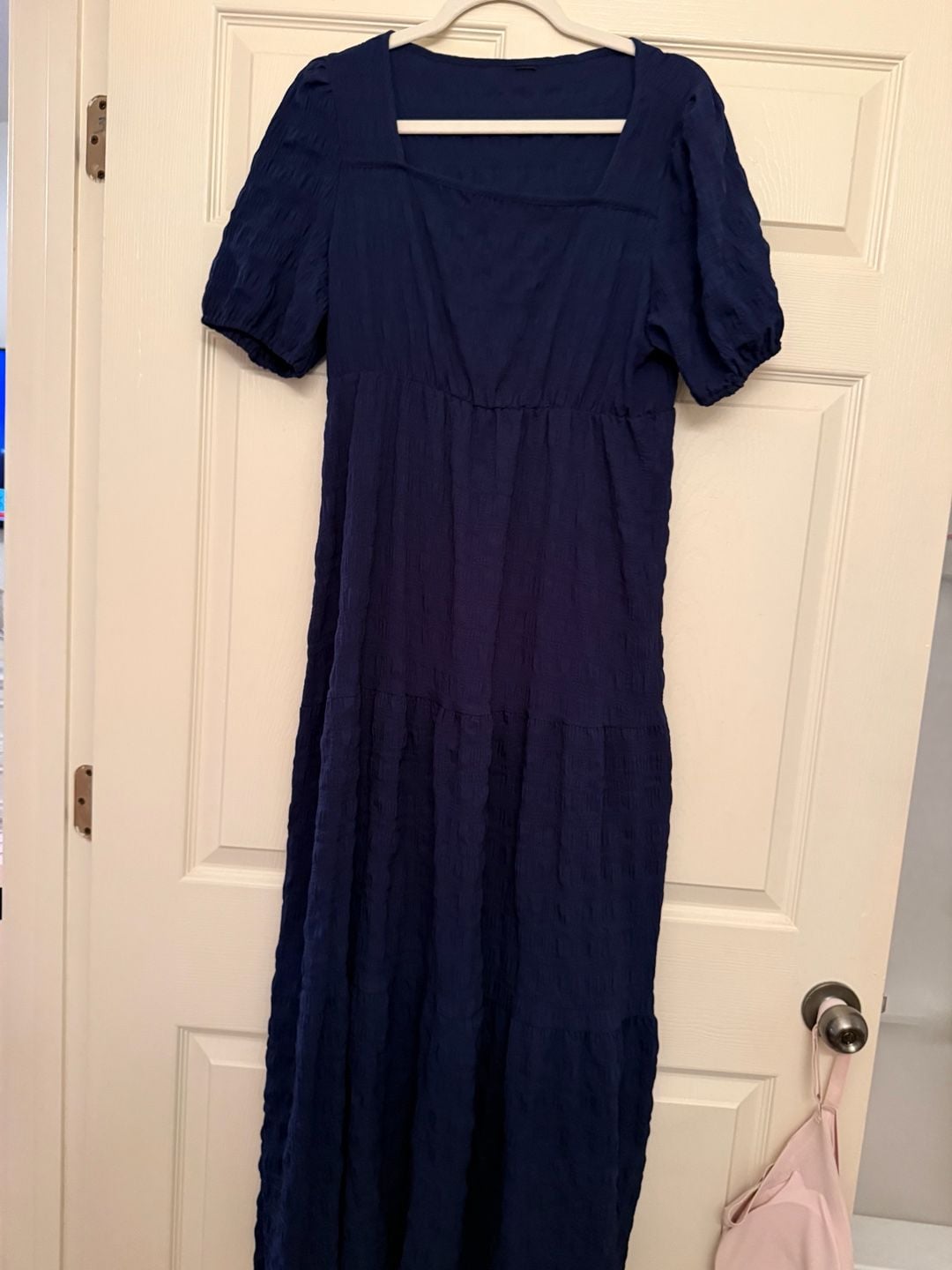 Navy Blue Textured Square Neck Puff Sleeve Tiered Midi Dress 6