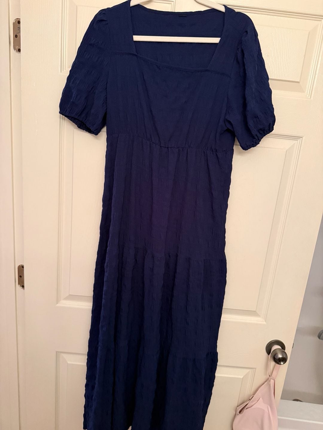 Navy Blue Textured Square Neck Puff Sleeve Tiered Midi Dress 7