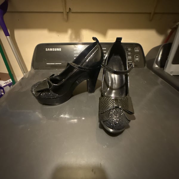 Black Mary Jane Platform Heels with Glitter and Faux Snake Texture Bow Detail