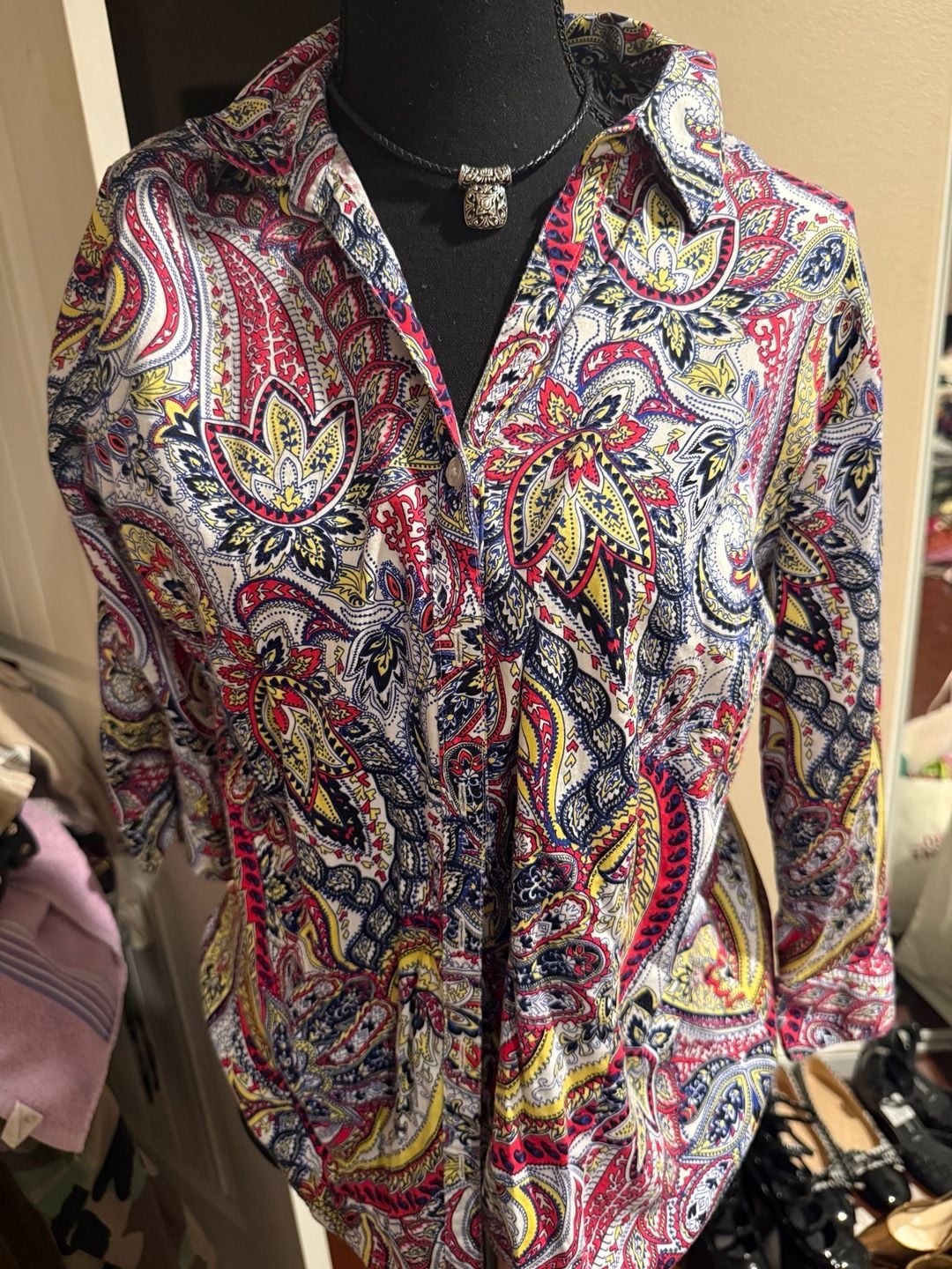 Dana Buchman Women's Paisley Print Button-Down Collared Shirt Sz.L 3