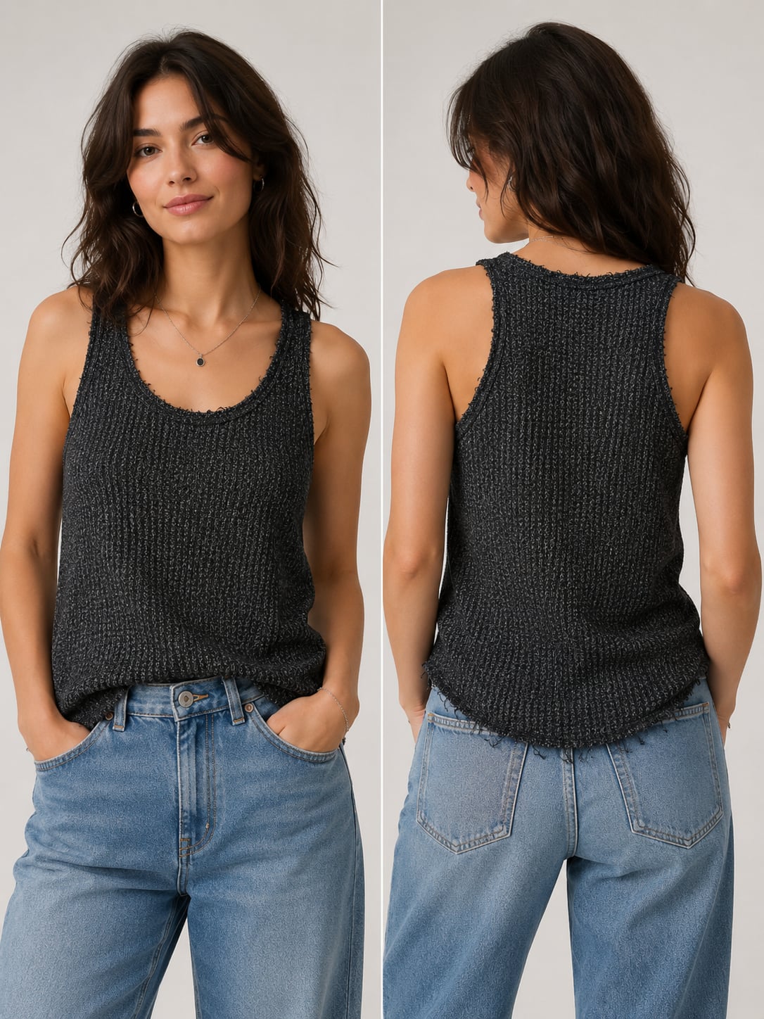 BKE Charcoal Textured Knit Tank Top | Distressed Hem Sleeveless Tank | Medium 2