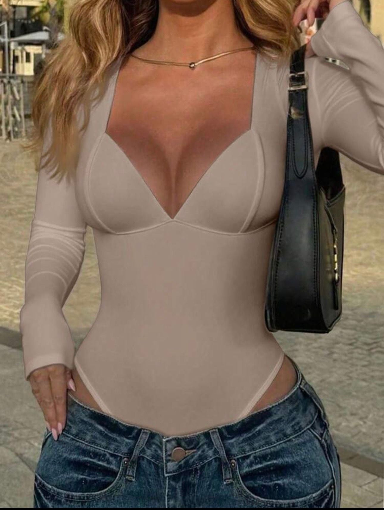 Nude Deep V Long Sleeve Bodysuit | Sculpting Stretch Bodysuit | Size Medium 2