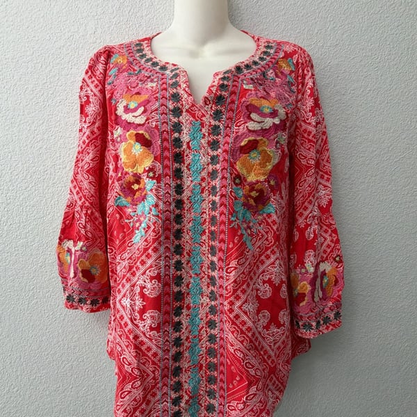 Savanna Jane Red Paisley Floral Embroidered V-Neck Top