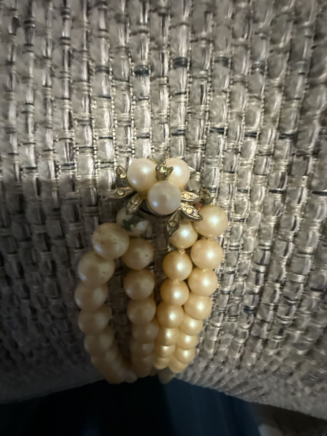 Vintage Multi-Strand Faux Pearl Bracelet with Jeweled Floral Clasp 3