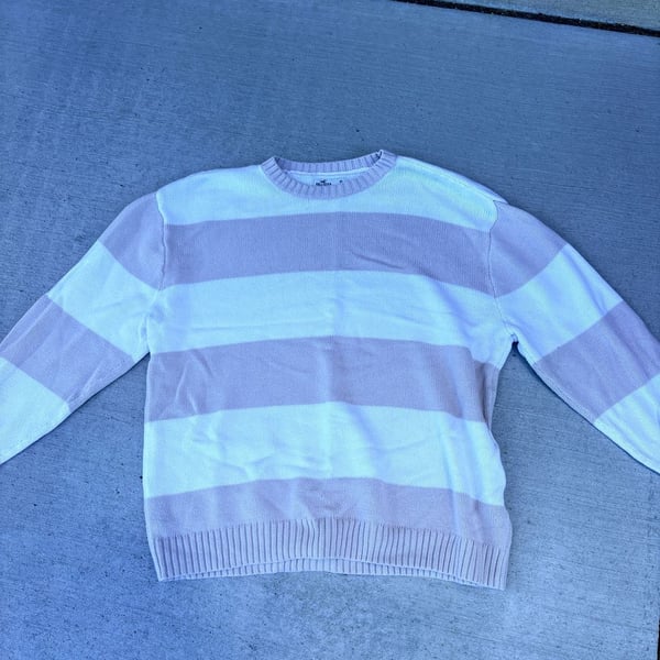 Hollister California Cream and Tan Striped Crewneck Knit Sweater