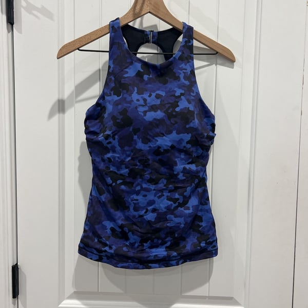 Athleta Maldives High Neck Tankini Top in Blue Black Camo