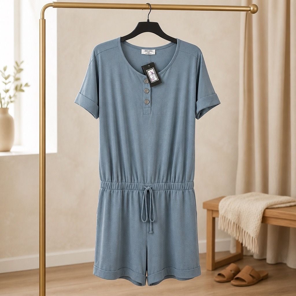 Zenana Women's Blue-Grey Henley Romper with Drawstring Waist and Pockets #1007 2