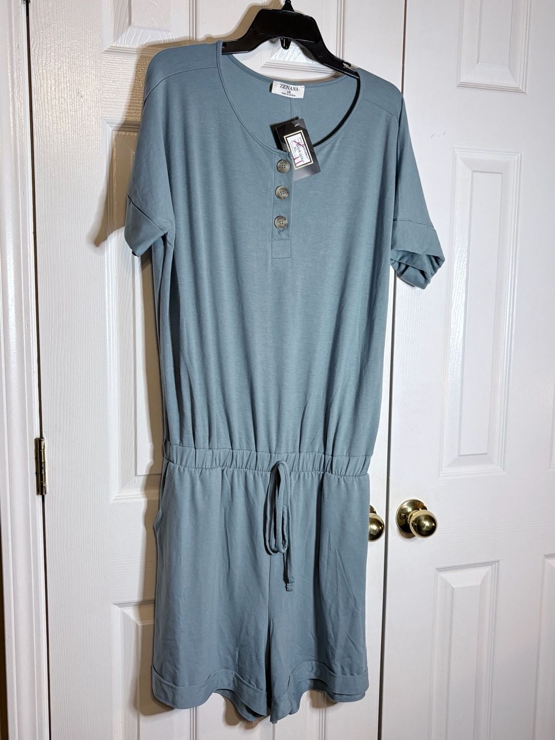 Zenana Women's Blue-Grey Henley Romper with Drawstring Waist and Pockets #1007 5