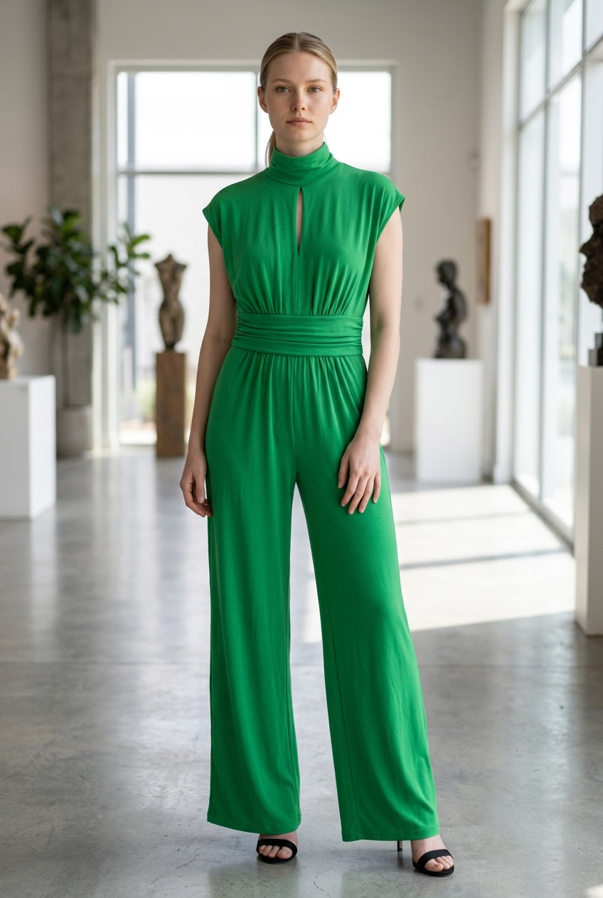 Ashley Stewart NWT Green Wide Leg Jumpsuit Size 14/16 Mock Neck Ruched Waist 2