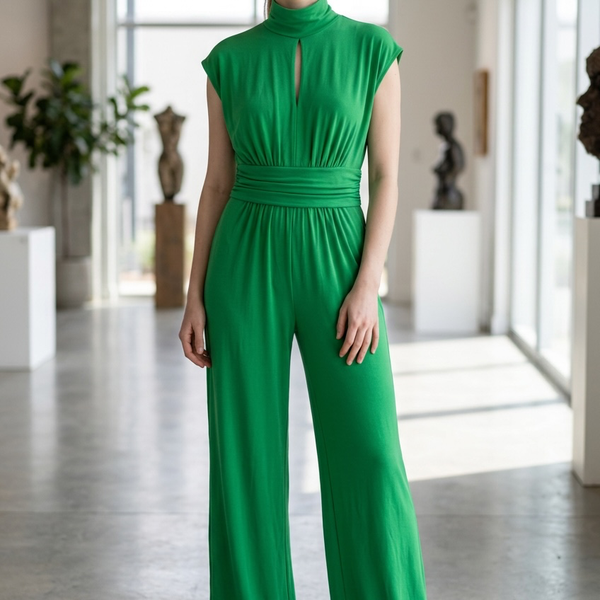 Ashley Stewart NWT Green Wide Leg Jumpsuit Size 14/16 Mock Neck Ruched Waist