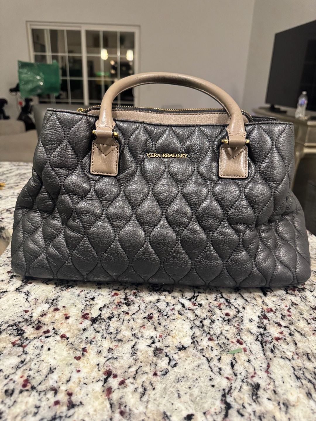 Vera Bradley Quilted Leather Satchel Tote Black Taupe Floral Lining 2