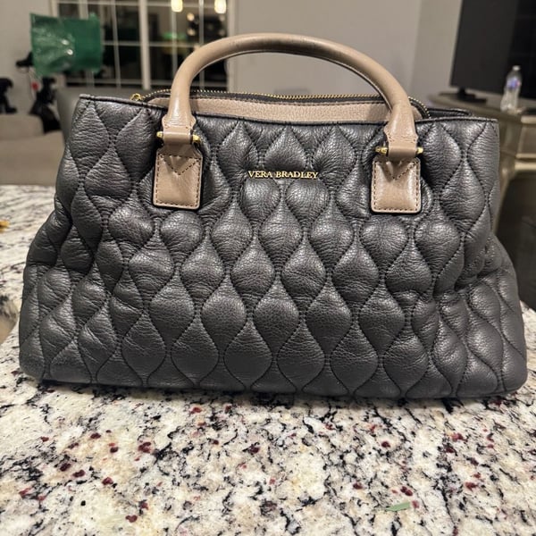 Vera Bradley Quilted Leather Satchel Tote Black Taupe Floral Lining