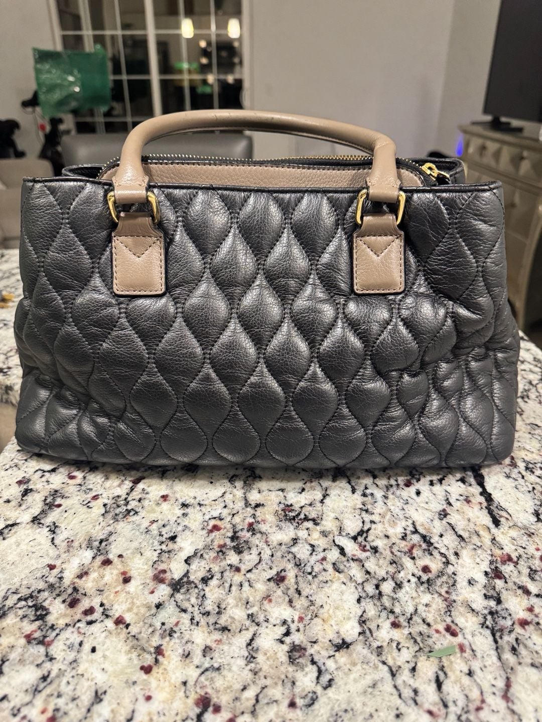 Vera Bradley Quilted Leather Satchel Tote Black Taupe Floral Lining 3
