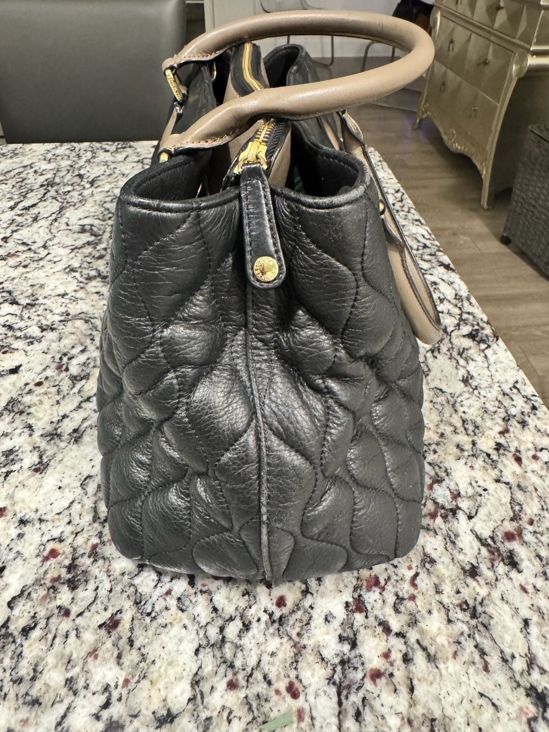 Vera Bradley Quilted Leather Satchel Tote Black Taupe Floral Lining 4