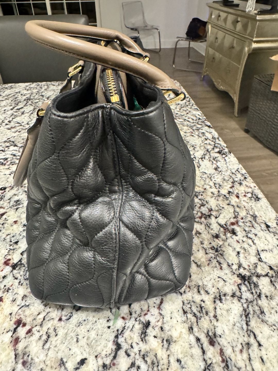 Vera Bradley Quilted Leather Satchel Tote Black Taupe Floral Lining 5
