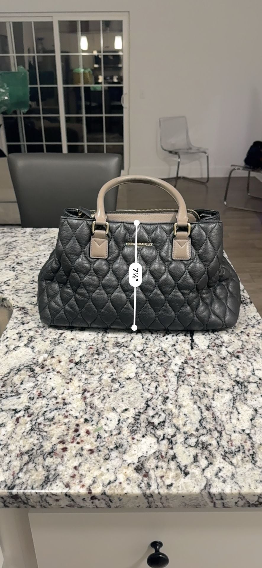 Vera Bradley Quilted Leather Satchel Tote Black Taupe Floral Lining 7