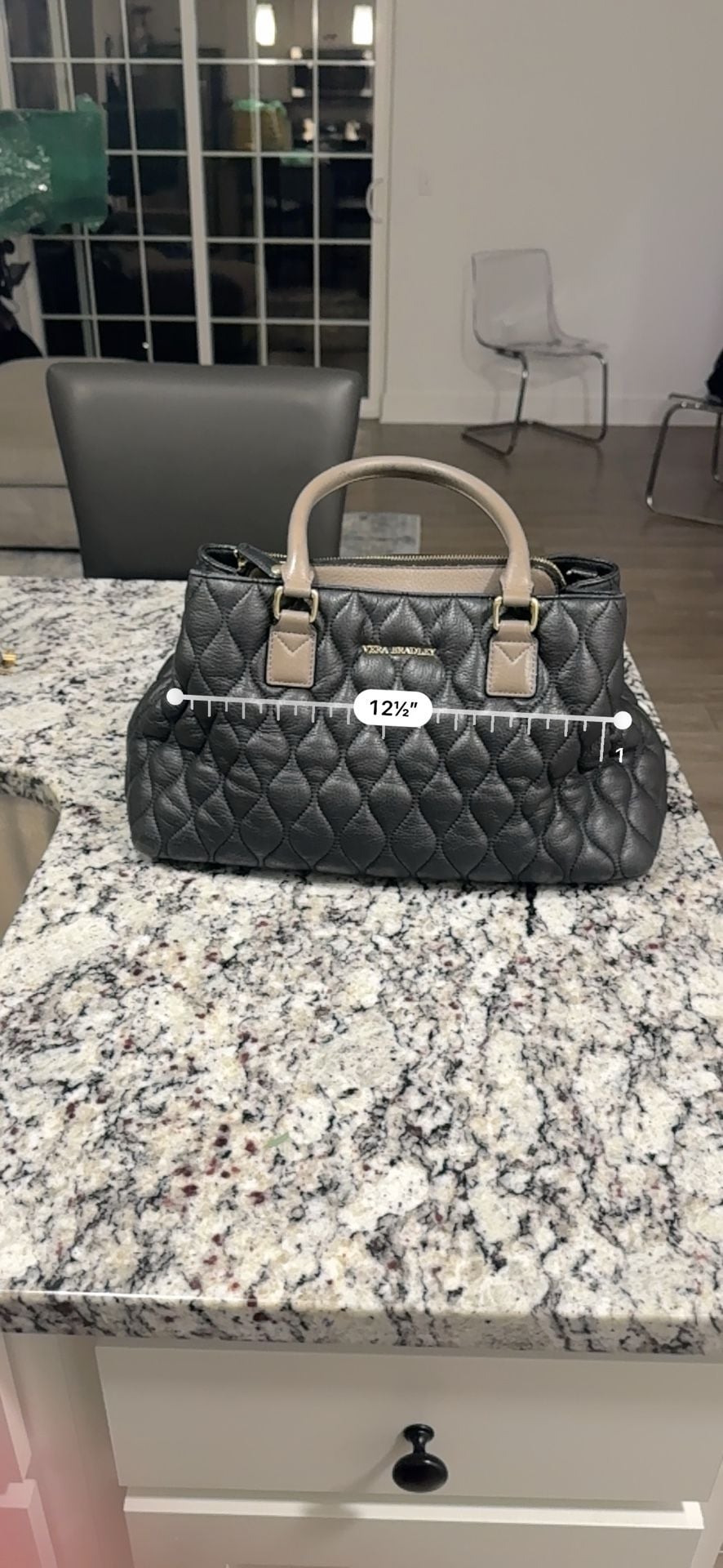 Vera Bradley Quilted Leather Satchel Tote Black Taupe Floral Lining 8