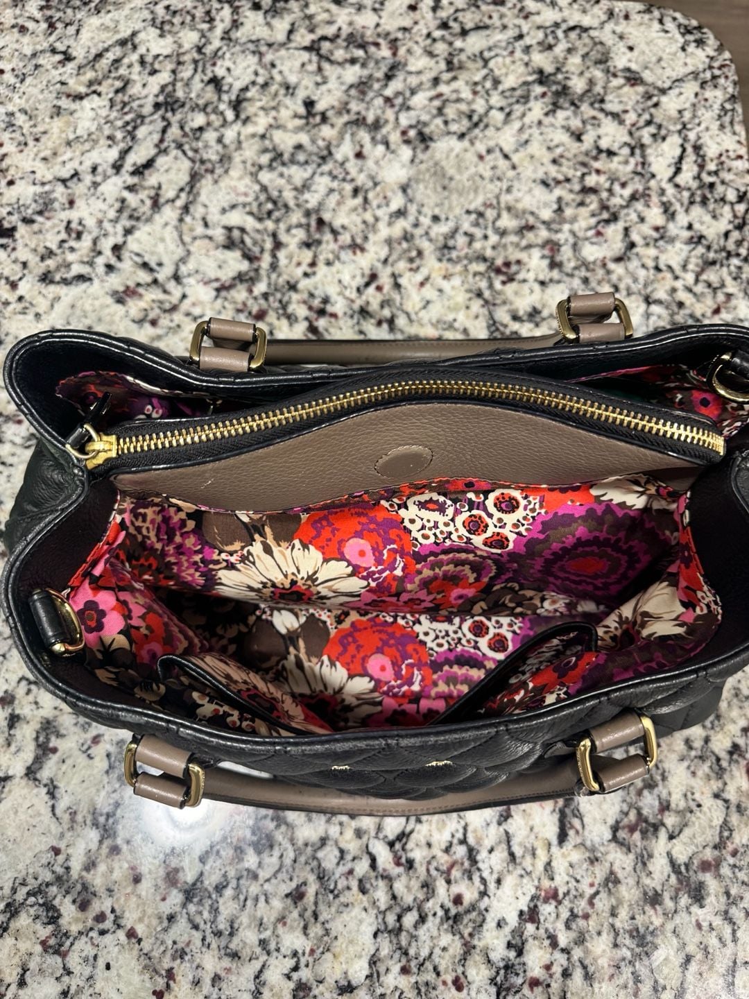 Vera Bradley Quilted Leather Satchel Tote Black Taupe Floral Lining 9