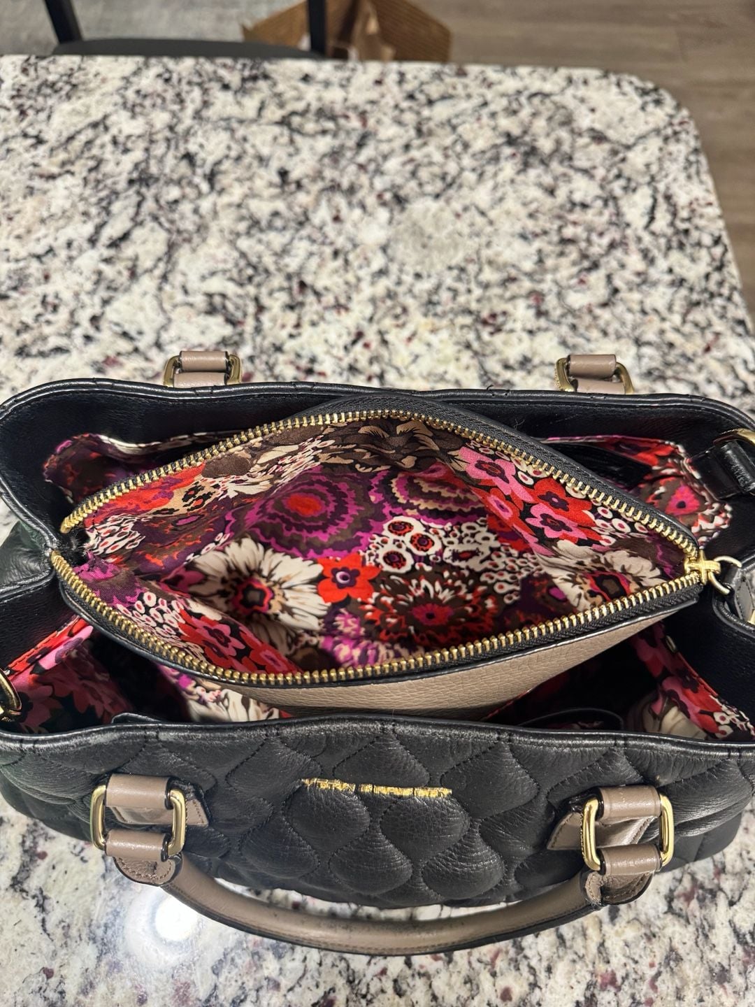 Vera Bradley Quilted Leather Satchel Tote Black Taupe Floral Lining 10