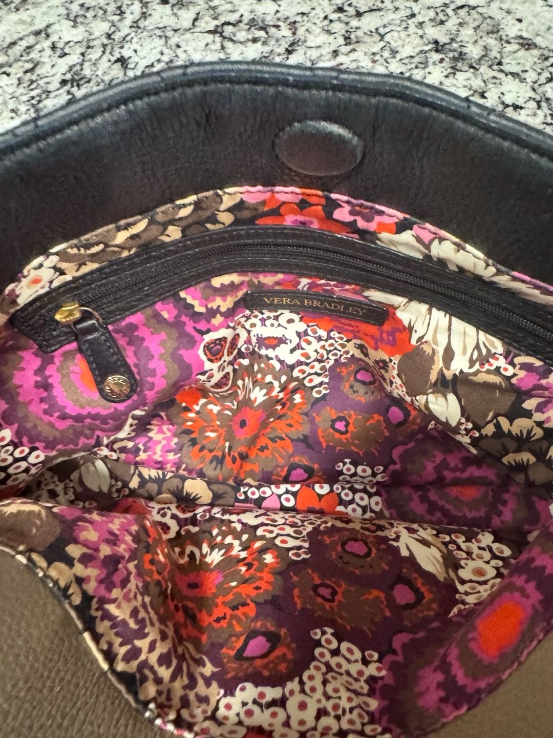 Vera Bradley Quilted Leather Satchel Tote Black Taupe Floral Lining 11