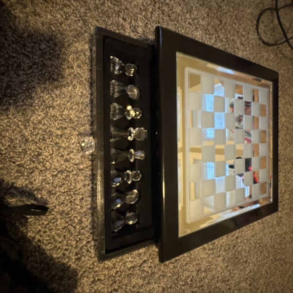 Shannon Crystal Hand-Faceted Glass Chess Set with Mirror Board and Black Lacquer Storage Case