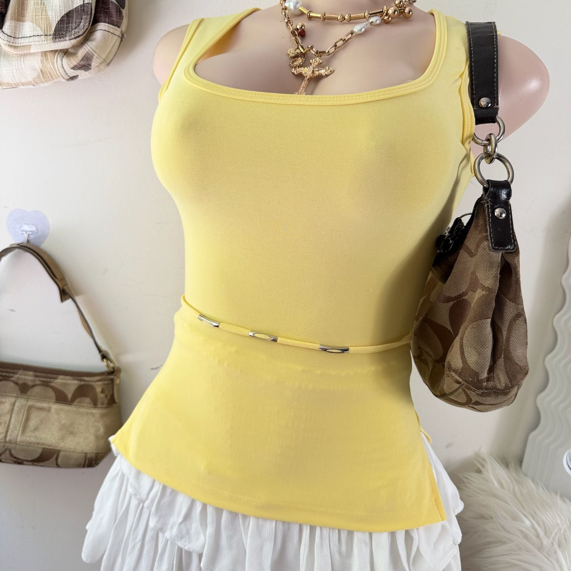 Y2K mb CASUAL USA Women's Yellow Tank Top with Attached Silver Waist Detail 7