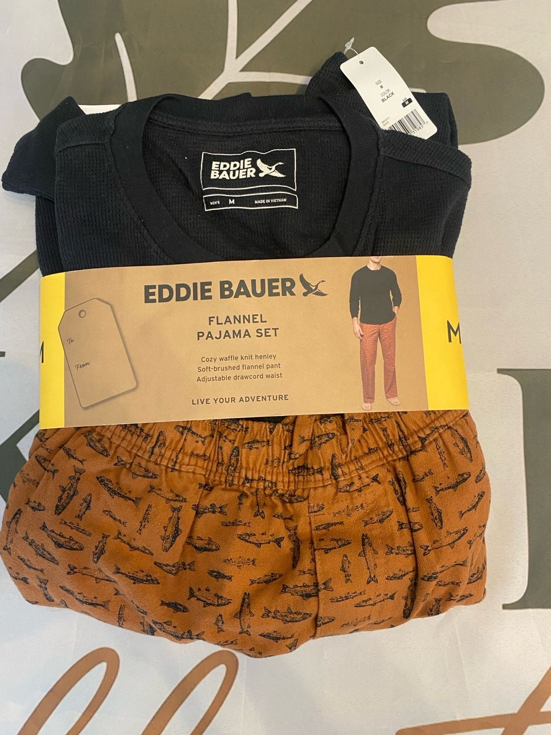 Eddie Bauer Men's 2-Piece Flannel Pajama Set with Waffle Knit Henley and Fish Print Pants 1
