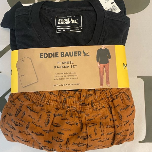 Eddie Bauer Men's 2-Piece Flannel Pajama Set with Waffle Knit Henley and Fish Print Pants