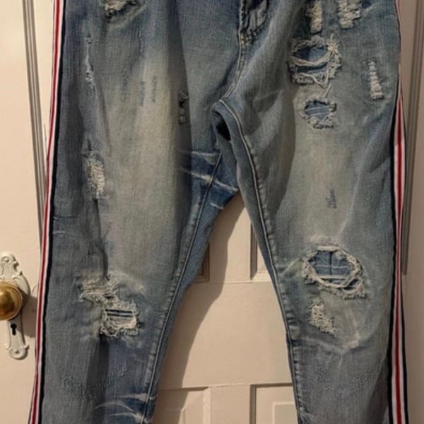 Decibel Men's Light Wash Distressed Denim Jeans with Red and White Side Stripe