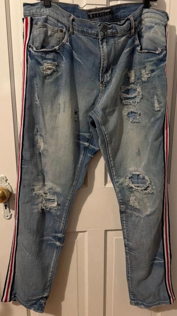 Decibel Men's Light Wash Distressed Denim Jeans with Red and White Side Stripe 7
