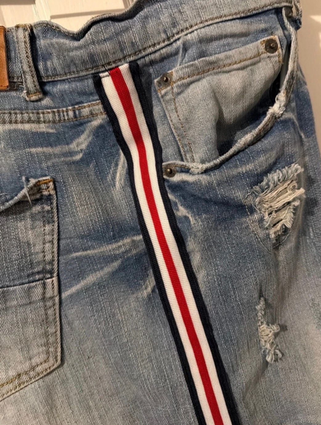 Decibel Men's Light Wash Distressed Denim Jeans with Red and White Side Stripe 9