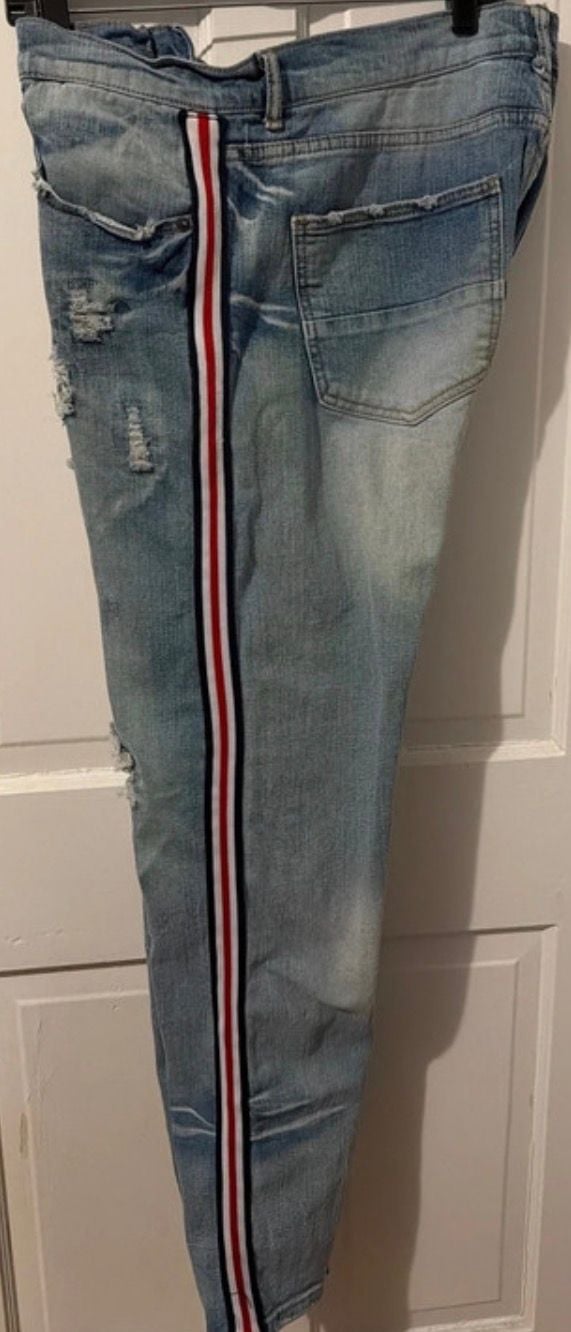 Decibel Men's Light Wash Distressed Denim Jeans with Red and White Side Stripe 11